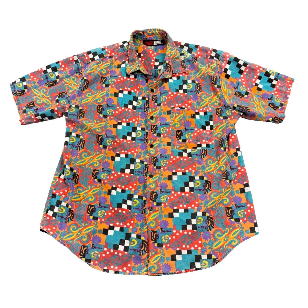 Vtg Todays News Button Up Shirt Mens Large All Over Print Abstract Single Stitch